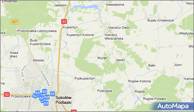 mapa Wyrąb gmina Sokołów Podlaski, Wyrąb gmina Sokołów Podlaski na mapie Targeo