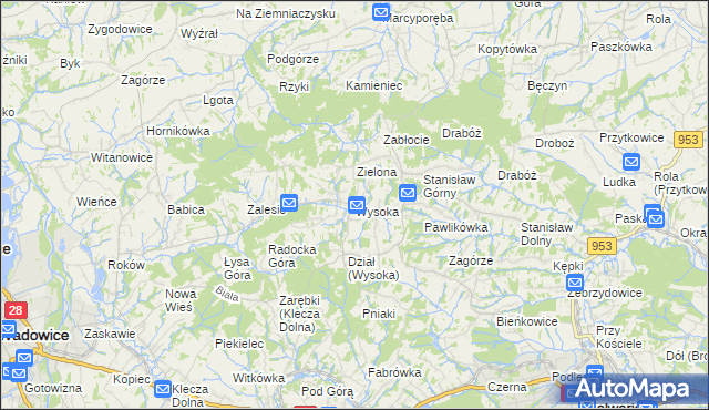 mapa Wysoka gmina Wadowice, Wysoka gmina Wadowice na mapie Targeo