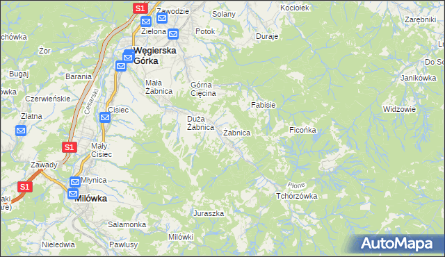 mapa Żabnica gmina Węgierska Górka, Żabnica gmina Węgierska Górka na mapie Targeo