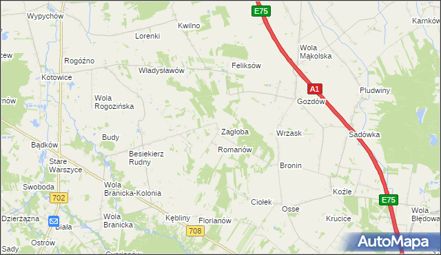 mapa Zagłoba gmina Stryków, Zagłoba gmina Stryków na mapie Targeo