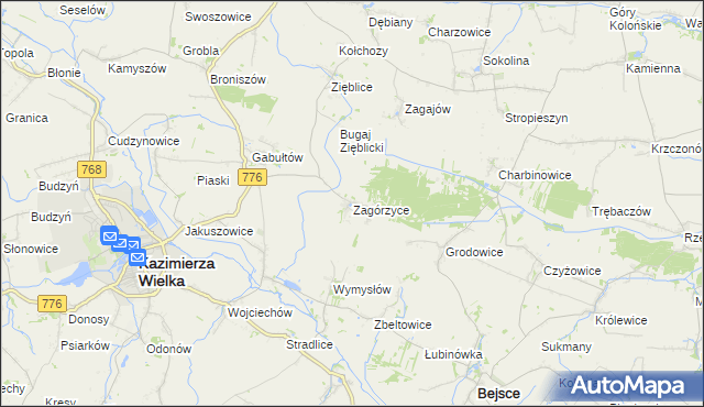mapa Zagórzyce gmina Kazimierza Wielka, Zagórzyce gmina Kazimierza Wielka na mapie Targeo