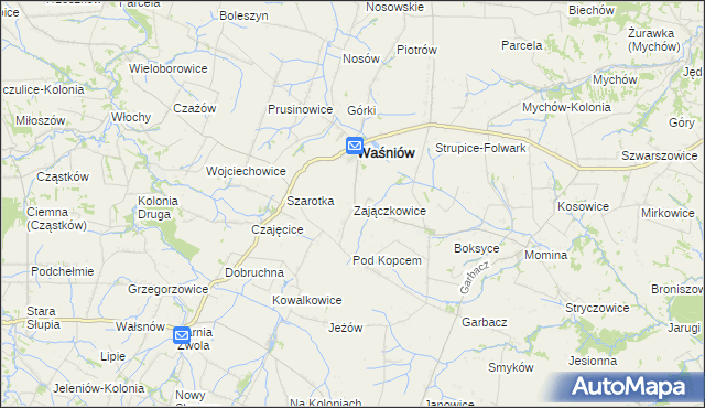 mapa Zajączkowice gmina Waśniów, Zajączkowice gmina Waśniów na mapie Targeo