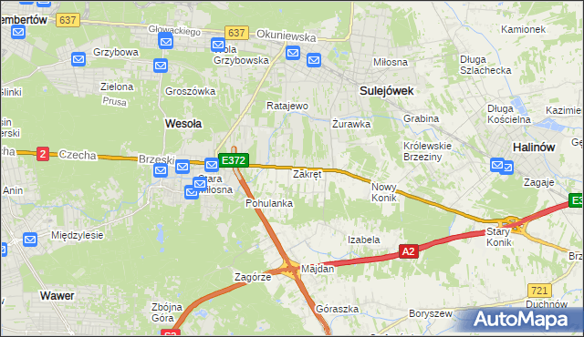 mapa Zakręt gmina Wiązowna, Zakręt gmina Wiązowna na mapie Targeo