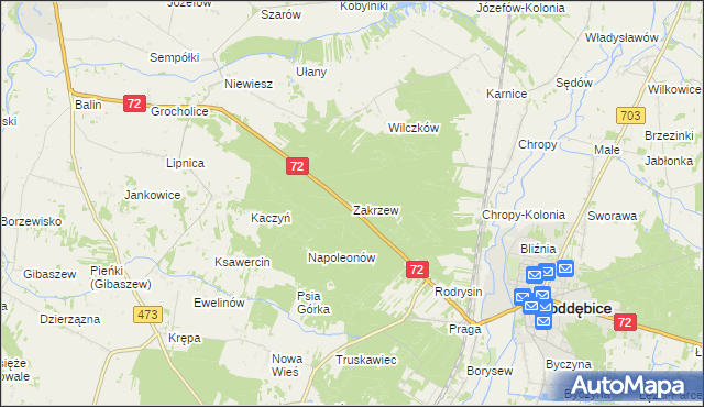 mapa Zakrzew gmina Poddębice, Zakrzew gmina Poddębice na mapie Targeo