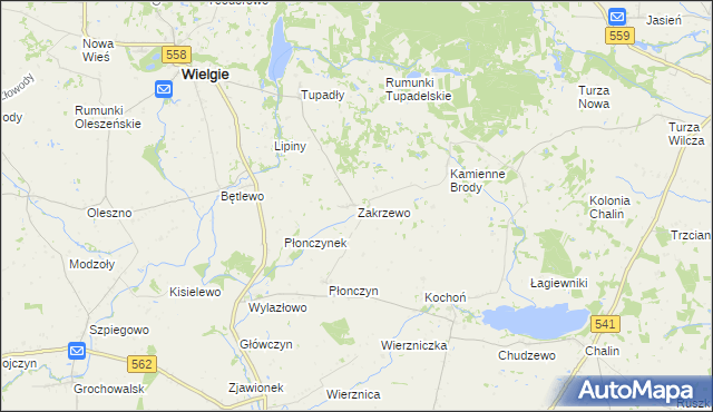 mapa Zakrzewo gmina Wielgie, Zakrzewo gmina Wielgie na mapie Targeo