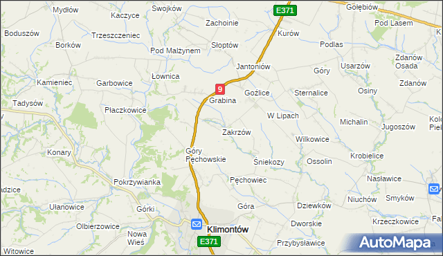 mapa Zakrzów gmina Klimontów, Zakrzów gmina Klimontów na mapie Targeo