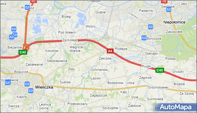 mapa Zakrzów gmina Niepołomice, Zakrzów gmina Niepołomice na mapie Targeo