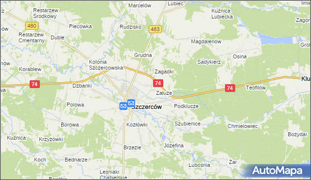 mapa Załuże gmina Szczerców, Załuże gmina Szczerców na mapie Targeo