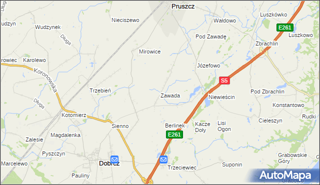 mapa Zawada gmina Pruszcz, Zawada gmina Pruszcz na mapie Targeo