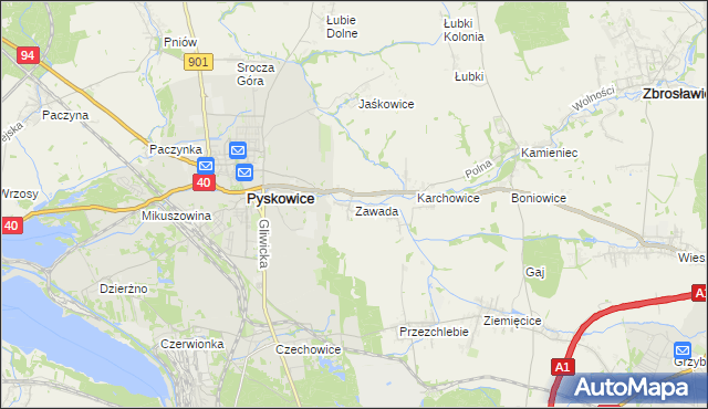 mapa Zawada gmina Zbrosławice, Zawada gmina Zbrosławice na mapie Targeo