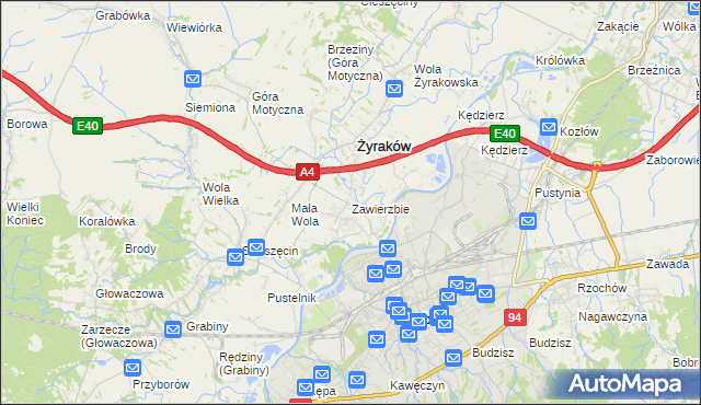 mapa Zawierzbie gmina Żyraków, Zawierzbie gmina Żyraków na mapie Targeo