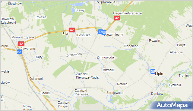 mapa Zimnowoda gmina Lipie, Zimnowoda gmina Lipie na mapie Targeo