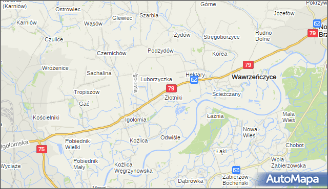 mapa Złotniki gmina Igołomia-Wawrzeńczyce, Złotniki gmina Igołomia-Wawrzeńczyce na mapie Targeo