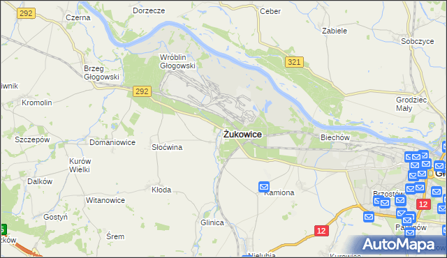 mapa Żukowice powiat głogowski, Żukowice powiat głogowski na mapie Targeo