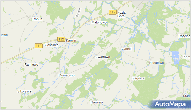 mapa Zwartowo gmina Karlino, Zwartowo gmina Karlino na mapie Targeo