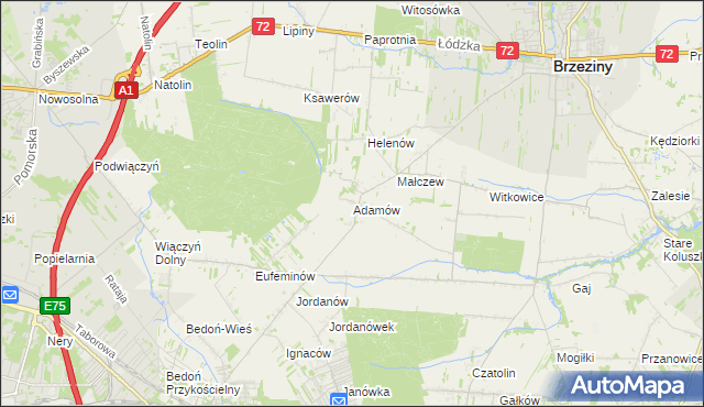 mapa Adamów gmina Brzeziny, Adamów gmina Brzeziny na mapie Targeo