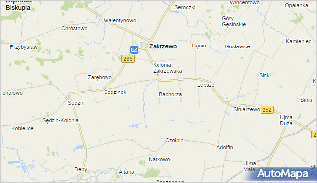 mapa Bachorza gmina Zakrzewo, Bachorza gmina Zakrzewo na mapie Targeo