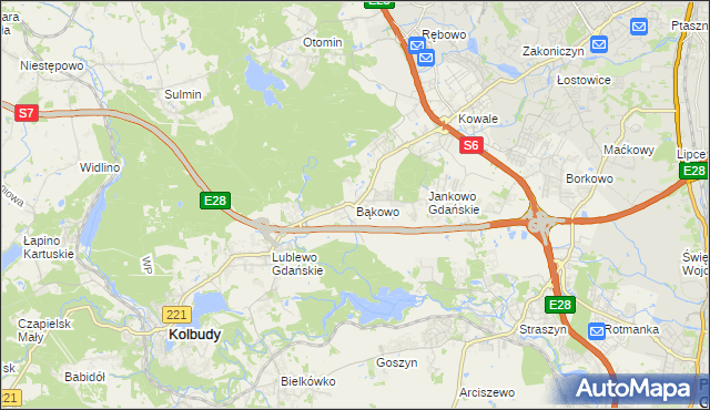 mapa Bąkowo gmina Kolbudy, Bąkowo gmina Kolbudy na mapie Targeo