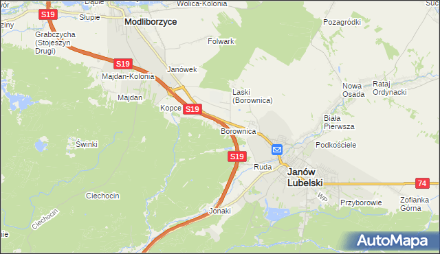 mapa Borownica gmina Janów Lubelski, Borownica gmina Janów Lubelski na mapie Targeo