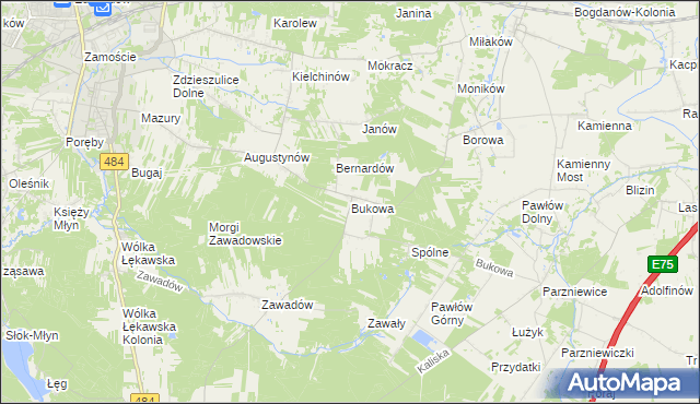 mapa Bukowa gmina Bełchatów, Bukowa gmina Bełchatów na mapie Targeo