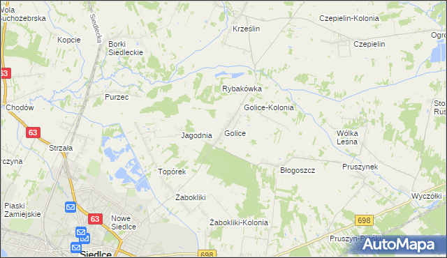 mapa Golice gmina Siedlce, Golice gmina Siedlce na mapie Targeo