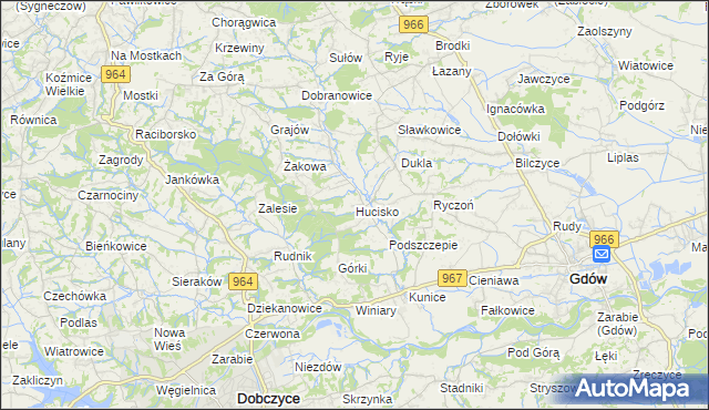 mapa Hucisko gmina Gdów, Hucisko gmina Gdów na mapie Targeo