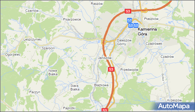 mapa Janiszów gmina Kamienna Góra, Janiszów gmina Kamienna Góra na mapie Targeo