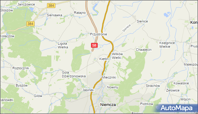 mapa Kietlin gmina Niemcza, Kietlin gmina Niemcza na mapie Targeo
