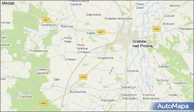 mapa Książenice gmina Grabów nad Prosną, Książenice gmina Grabów nad Prosną na mapie Targeo