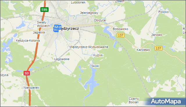 mapa Kuźnik gmina Międzyrzecz, Kuźnik gmina Międzyrzecz na mapie Targeo