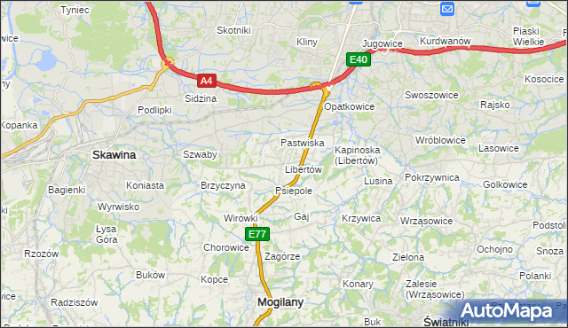 mapa Libertów gmina Mogilany, Libertów gmina Mogilany na mapie Targeo