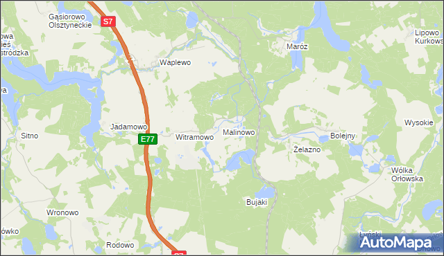 mapa Malinowo gmina Olsztynek, Malinowo gmina Olsztynek na mapie Targeo