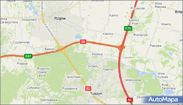 mapa Modlica gmina Tuszyn, Modlica gmina Tuszyn na mapie Targeo