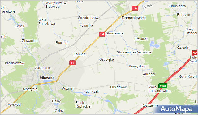 mapa Ostrołęka gmina Głowno, Ostrołęka gmina Głowno na mapie Targeo