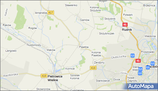 mapa Pawłów gmina Pietrowice Wielkie, Pawłów gmina Pietrowice Wielkie na mapie Targeo