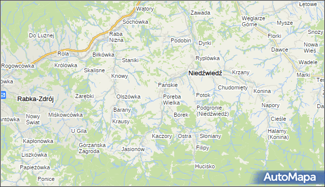 mapa Poręba Wielka gmina Niedźwiedź, Poręba Wielka gmina Niedźwiedź na mapie Targeo