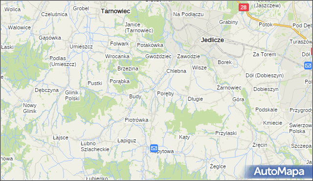 mapa Poręby gmina Jedlicze, Poręby gmina Jedlicze na mapie Targeo