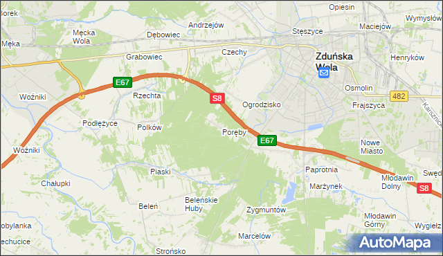 mapa Poręby gmina Zduńska Wola, Poręby gmina Zduńska Wola na mapie Targeo