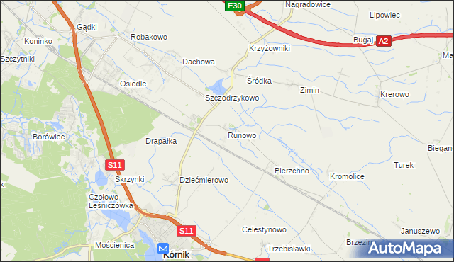 mapa Runowo gmina Kórnik, Runowo gmina Kórnik na mapie Targeo