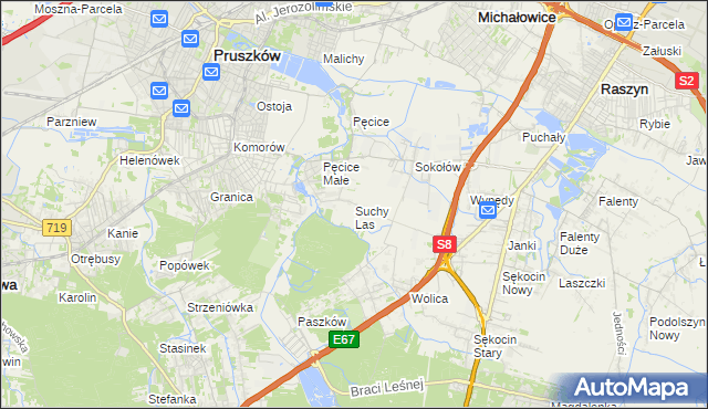 mapa Suchy Las gmina Michałowice, Suchy Las gmina Michałowice na mapie Targeo