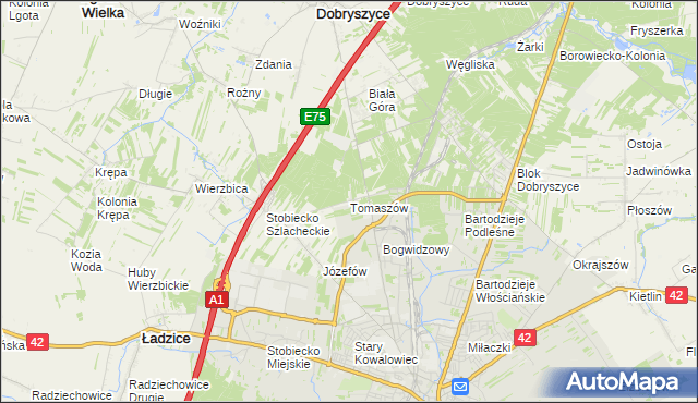 mapa Tomaszów gmina Ładzice, Tomaszów gmina Ładzice na mapie Targeo