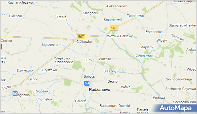 mapa Woźniki gmina Radzanowo, Woźniki gmina Radzanowo na mapie Targeo