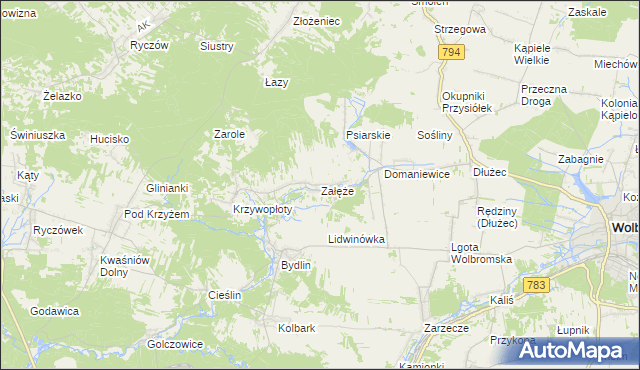 mapa Załęże gmina Wolbrom, Załęże gmina Wolbrom na mapie Targeo
