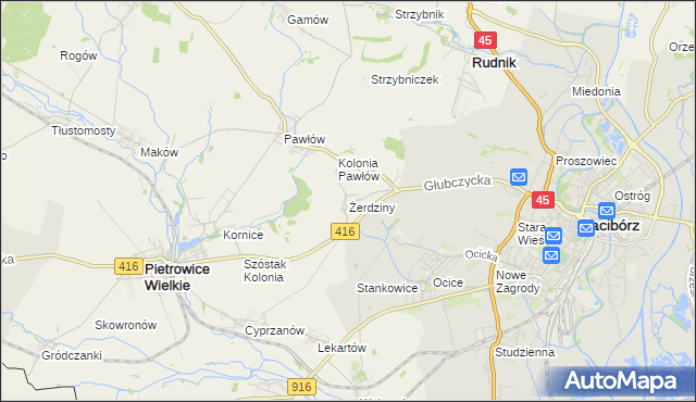 mapa Żerdziny gmina Pietrowice Wielkie, Żerdziny gmina Pietrowice Wielkie na mapie Targeo