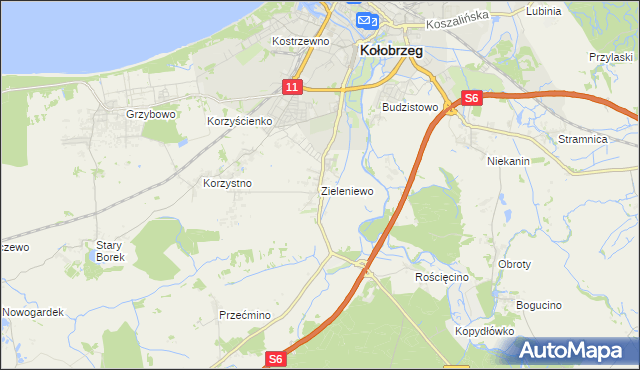 mapa Zieleniewo gmina Kołobrzeg, Zieleniewo gmina Kołobrzeg na mapie Targeo