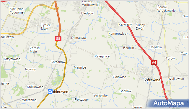 mapa Księginice gmina Kobierzyce, Księginice gmina Kobierzyce na mapie Targeo