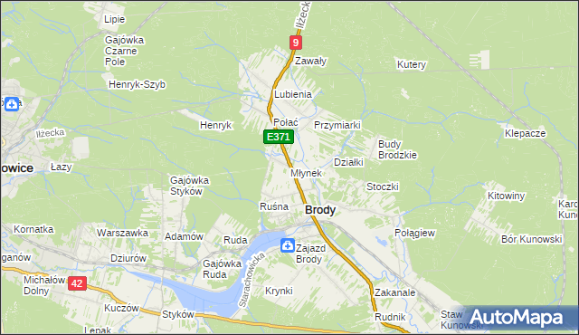 mapa Młynek gmina Brody, Młynek gmina Brody na mapie Targeo