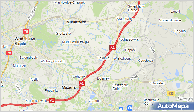 mapa Połomia gmina Mszana, Połomia gmina Mszana na mapie Targeo