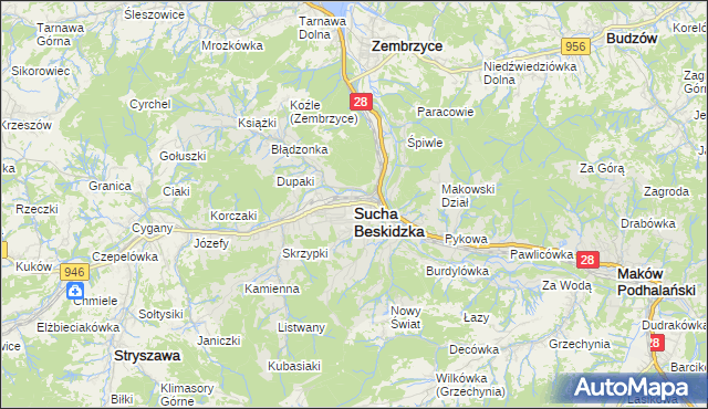 mapa Sucha Beskidzka, Sucha Beskidzka na mapie Targeo