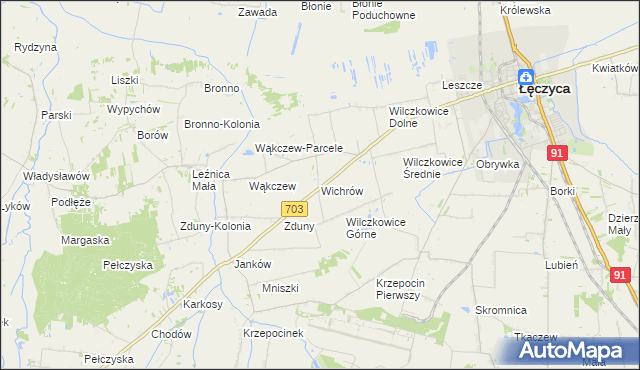 mapa Wichrów gmina Łęczyca, Wichrów gmina Łęczyca na mapie Targeo